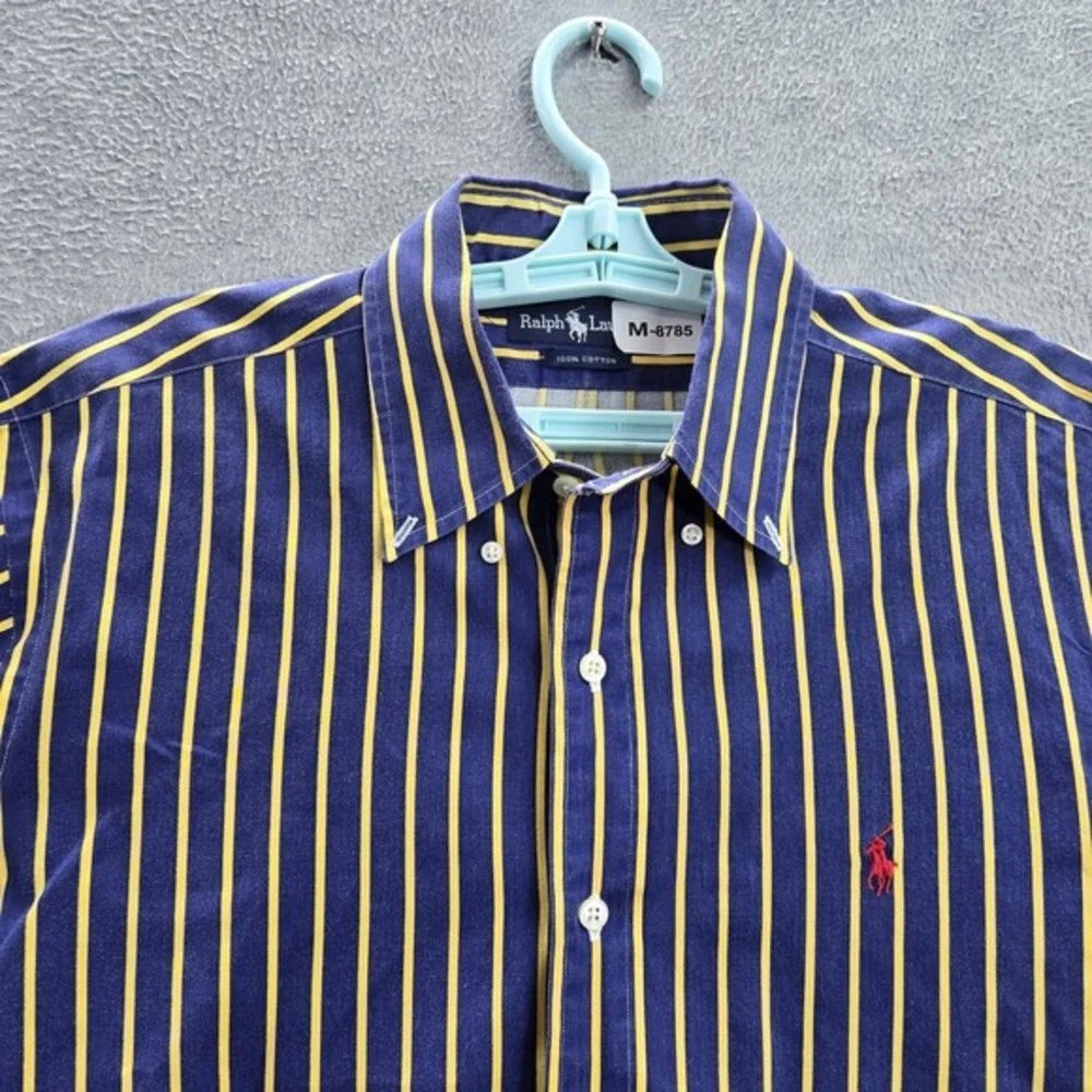 Ralph Lauren Men Button Up Shirt L‎ Blue Polo Player Embroidery Striped Long